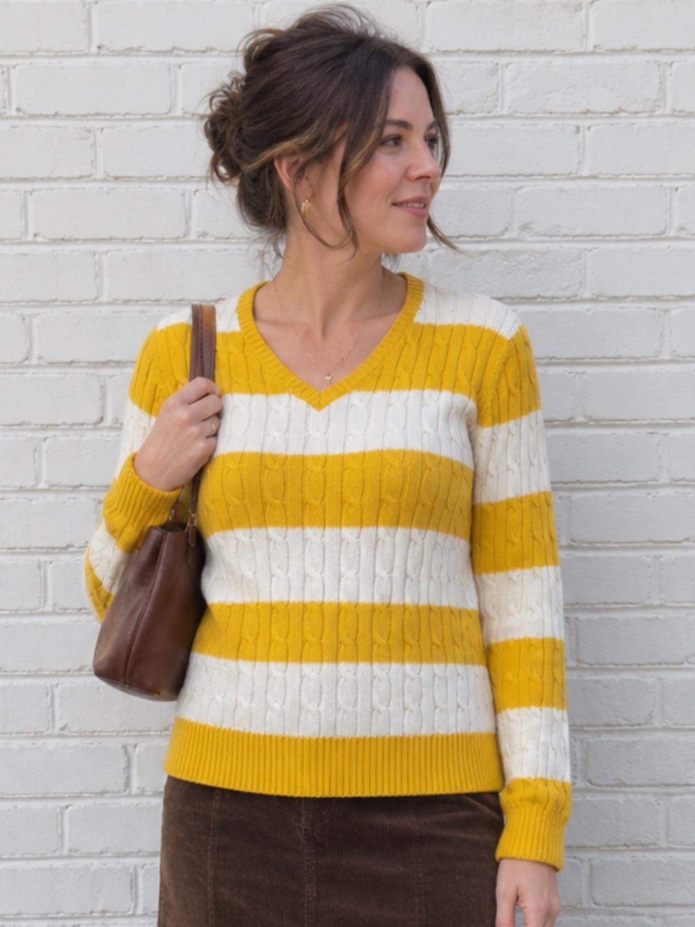 Yellow & White Striped Cable Knit V-Neck Sweater Fall Preppy Academia Large